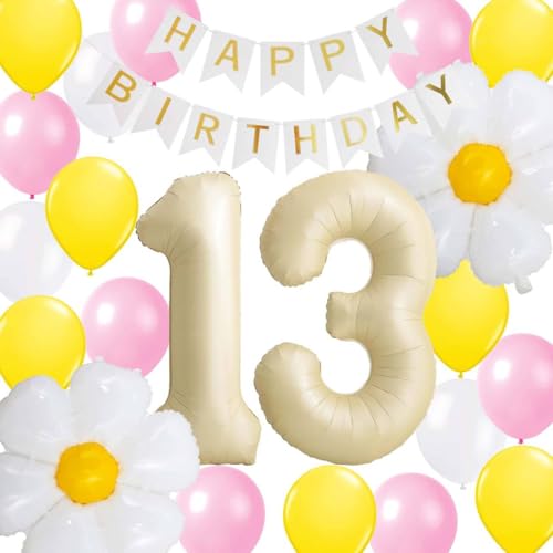Luftballons 13. Geburtstagsdeko Mädchen Jungen, Pink Gelb Weiße Nummer 13 Gänseblümchen Folienballons Banner 13. Geburtstag Deko zum13 Jahre Alt Geburtstag Teenager (13.) von Fechy