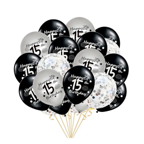 Luftballons 15. Geburtstag Deko, 15. Geburtstagsdeko Jungen Mädchen, 21 Stück Schwarz Silbern 15 Jahre Happy Birthday Deko Latex Konfetti Ballons für 15 Jahre Jubiläum Geburtstag Party Deko(15.) von Fechy