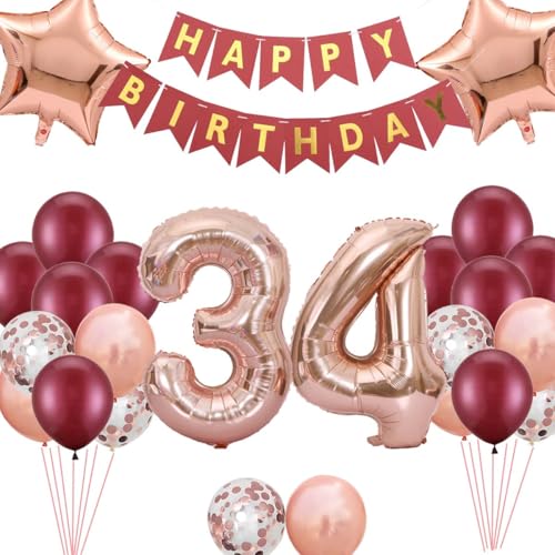 Luftballons zum 34. Geburtstag, Burgunderrot, rotgold, Dekoration zum 34. Geburtstag, Dekoration für Frauen, Dekoration zum 34. Geburtstag (34. Geburtstag) von Fechy