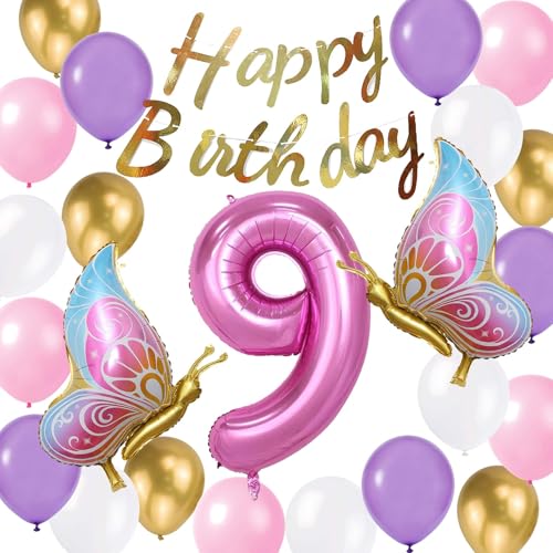 Luftballons zum 9. Geburtstag für Mädchen, Geburtstagsbanner bunt, Schmetterling, Rose, Rosa, Folienballon Zahl 9, Latexballons, 9. Schmetterling, Geburtstagsdekorationen für 9 Jahre Mädchen (9. von Fechy