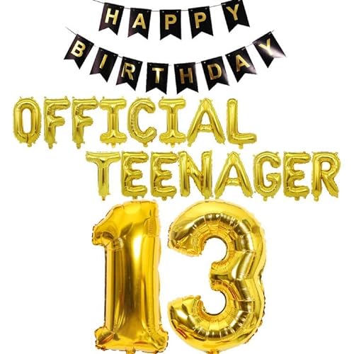 Offizielle Teenager 13. Geburtstag Dekorationen Mädchen Jungen, Happy Birthday Banner Nummer 13 Geburtstags Folien Ballons Offizielle Teenager Ballons für 13 Jahr Geburtstags Deko (Gold) von Fechy