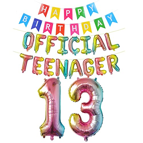 Offizielle Teenager 13. Geburtstag Dekorationen Mädchen Jungen, Happy Birthday Banner Nummer 13 Geburtstags Folien Ballons Offizielle Teenager Ballons für 13 Jahr Geburtstags Deko (Regenbogen) von Fechy