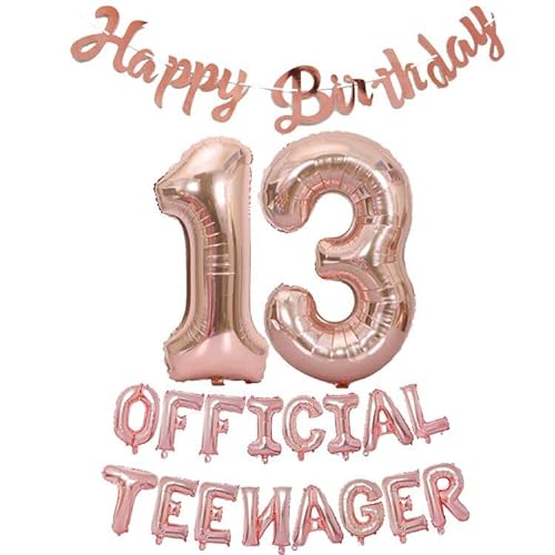 Offizielle Teenager 13. Geburtstag Dekorationen Mädchen Jungen, Happy Birthday Banner Nummer 13 Geburtstags Folien Ballons Offizielle Teenager Ballons für 13 Jahr Geburtstags Deko (Roségold) von Fechy