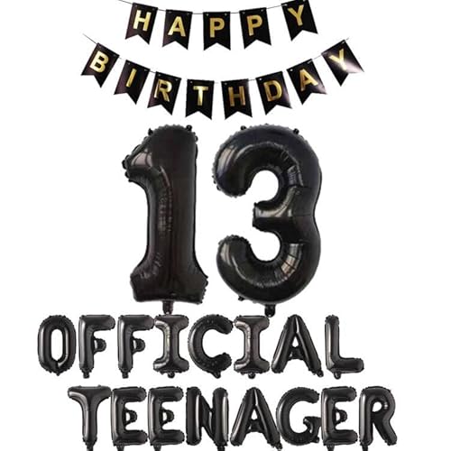 Offizielle Teenager 13. Geburtstag Dekorationen Mädchen Jungen, Happy Birthday Banner Nummer 13 Geburtstags Folien Ballons Offizielle Teenager Ballons für 13 Jahr Geburtstags Deko (Schwarz) von Fechy