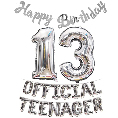 Offizielle Teenager 13. Geburtstag Dekorationen Mädchen Jungen, Happy Birthday Banner Nummer 13 Geburtstags Folien Ballons Offizielle Teenager Ballons für 13 Jahr Geburtstags Deko (Silber) von Fechy