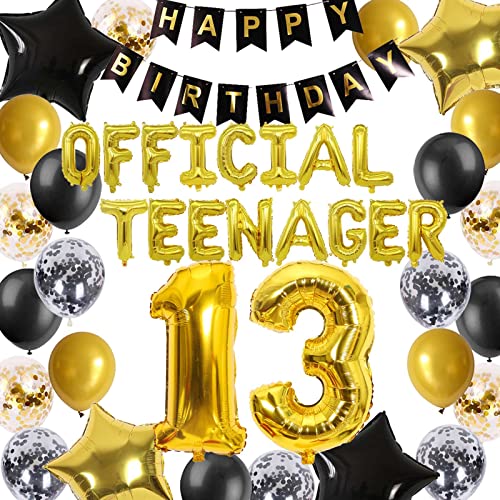 Offizielle Teenager 13. Geburtstag Dekorationen für Jungen Schwarzes Gold 13 Geburtstags Banner Ballons mit 13. Geburtstags Konfetti Folienballons Deko 13. Jungen Mädchen von Fechy