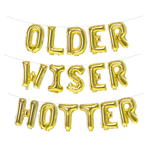 Older Wiser Hotter Folienballons Buchstaben Banner Lustige Geburtstagsdekorationen für Frauen Männer 30., 40., 50., 60., 70., 80. Geburtstag, Partyzubehör (Gold) von Fechy