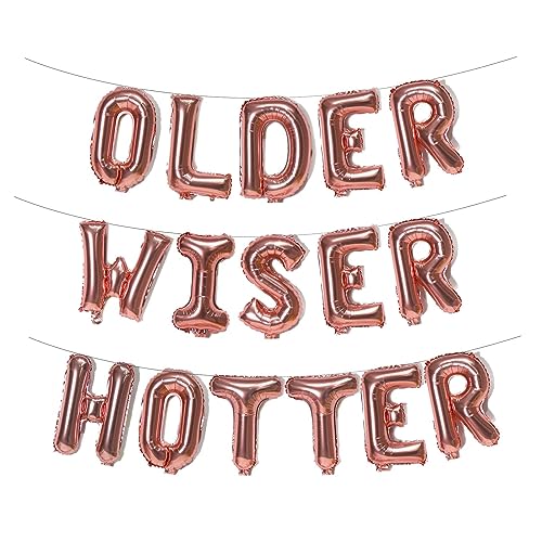 Older Wiser Hotter Folienballons Buchstaben Banner Lustige Geburtstagsdekorationen für Frauen Männer 30., 40., 50., 60., 70., 80. Geburtstag, Partyzubehör (Roségold) von Fechy