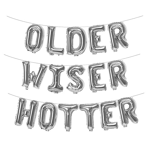 Older Wiser Hotter Folienballons Buchstaben Banner Lustige Geburtstagsdekorationen für Frauen Männer 30., 40., 50., 60., 70., 80. Geburtstag, Partyzubehör (Silber) von Fechy