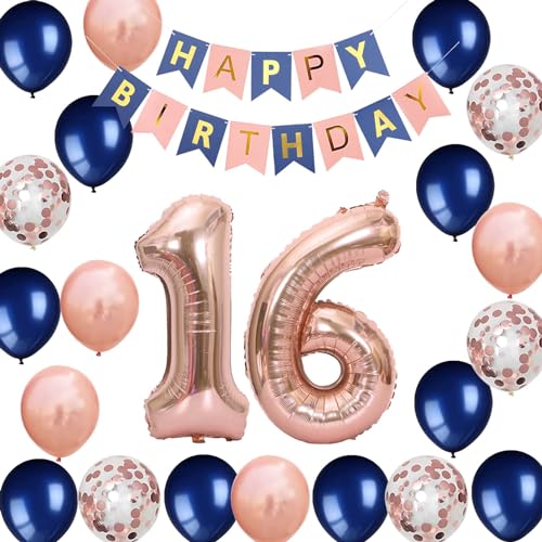 Party-Dekorationen zum 16. Geburtstag, marineblau, rotgold, für Mädchen und Jungen, Banner zum 16. Geburtstag, Nummer 16, Latex-Konfetti-Ballon für Sie, Ihn, Tochter, Sohn, 16. Geburtstag (16. von Fechy