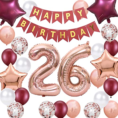 Party-Dekorationen zum 26. Geburtstag, Roségold für Frauen, "Happy Birthday"-Banner, rosarot, Zahl 26, Stern-Folienballons, Konfetti-Ballons für Frauen, 26. Geburtstag von Fechy