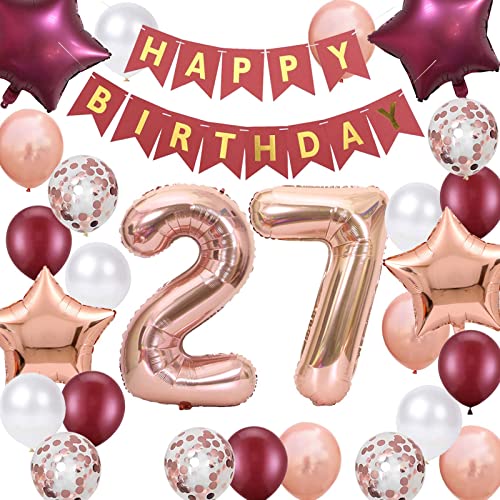 Party-Dekorationen zum 27. Geburtstag, Roségold für Frauen, Happy Birthday-Banner, rosarot, Zahl 27, Folienballons, Stern-Folienballons, Konfetti-Ballons für Frauen, 27. Geburtstag von Fechy