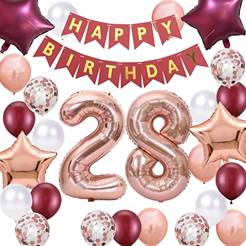 Party-Dekorationen zum 28. Geburtstag, Roségold für Frauen, "Happy Birthday"-Banner, rosarot, Zahl 28, Folienballons, Stern-Folienballons, Konfetti-Ballons für Frauen, 28. Geburtstag von Fechy