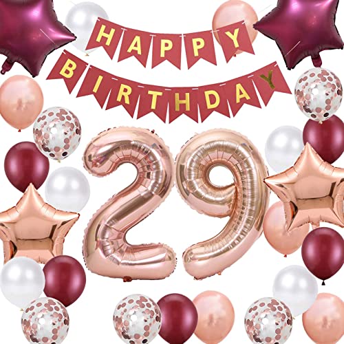 Party-Dekorationen zum 29. Geburtstag, Roségold für Frauen, Happy Birthday-Banner, rosarot, Zahl 29, Stern-Folienballons, Konfetti-Ballons für Frauen, 29. Geburtstag von Fechy