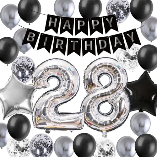 Partydekorationen zum 28. Geburtstag, Schwarz und Silber, Latex-Luftballons zum 28. Geburtstag, Partyzubehör für Männer und Frauen, 28. Geburtstag, Geburtstagsparty (28. Geburtstag) von Fechy