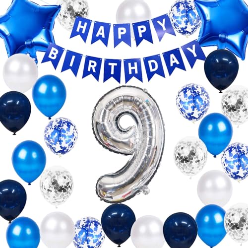 Partyzubehör zum 9. Geburtstag, blau, Happy Birthday Banner Nummer 9 Stern Folienballon 9. Geburtstag Dekoration Blau Silber Latex Konfetti Ballon Tolles Geschenk für Jungen 9 Jahre alt Geburtstag (9. von Fechy