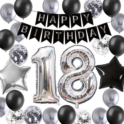 Schwarz Silber 18. Geburtstag Dekoration, 18. Banner Nummer 18 Folienballons Metallic Silber 18. Konfetti Latex Luftballons für Mädchen Jungen Freund 18 Jahre Geburtstag Partydekoration Schwarz Silber 18. Geburtstag Dekoration, 18. Banner Nummer 18 Folienballons Metallic Silber 18. Konfetti Latex Luftballons für Mädchen Jungen Freund 18 Jahre Geburtstag Partydekoration von Fechy