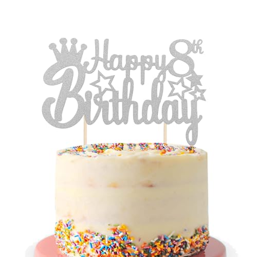 Tortenaufsatz "Happy 8th Birthday", glitzernd, silberfarben, 8. Geburtstag, Party, Geburtstag, Party, Kuchendekoration, Zubehör für Jungen und Mädchen (8. Geburtstag) von Fechy