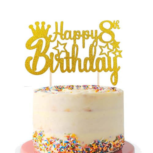Tortenaufsatz "Happy 8th Birthday", goldfarbener Glitzer, 8. Geburtstag, Tortenaufsatz, 8 Jahre altes Jubiläum, Kuchendekoration, Hallo 8. Geburtstag, Party-Kuchenaufsatz, Zubehör für Mädchen und Tortenaufsatz "Happy 8th Birthday", goldfarbener Glitzer, 8. Geburtstag, Tortenaufsatz, 8 Jahre altes Jubiläum, Kuchendekoration, Hallo 8. Geburtstag, Party-Kuchenaufsatz, Zubehör für Mädchen und von Fechy