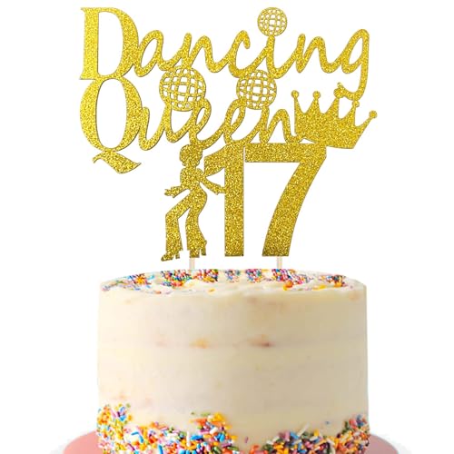 Tortenaufsatz zum 17. Geburtstag, goldfarbener Glitzer, tanzende Königin, 17 fabelhafte Kuchendekorationen für Hello 17 Cheers to 17 Years 17. Geburtstag, Party, Mädchen und Jungen (Gold) von Fechy
