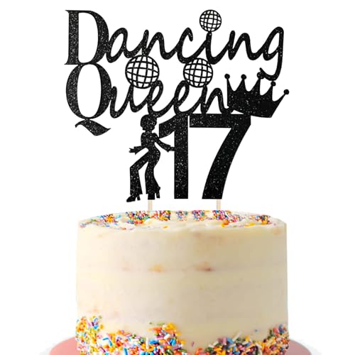 Tortenaufsatz zum 17. Geburtstag, schwarzer Glitzer, tanzende Königin, 17 fabelhafte Kuchendekorationen für Hello 17 Cheers to 17 Years 17. Geburtstag, Party, Mädchen, Jungen, Schwarz von Fechy