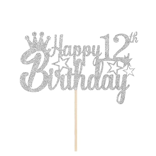 Tortendeko 12 Geburtstag Junge Mädchen, Silber Glitzer 12. Kuchendeko Geburtstag, Happy 12. Geburtstagstorte Topper, Kuchen Topper 12 Junge, Happy 12th Birthday Cake Topper(Silber) von Fechy