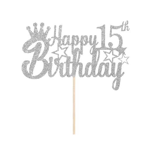 Tortendeko 15 Geburtstag Junge Mädchen, Silber Glitzer 15. Kuchendeko Geburtstag, Happy 15. Geburtstagstorte Topper, Kuchen Topper 15 Junge, Happy 15th Birthday Cake Topper(Silber) von Fechy