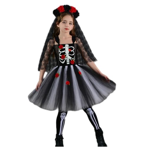 Feclmiyt Halloween-Hexen-Zombie-Brautkleid für Kinder, Skelett, Netzstoff, Tüll, Tutu-Kleid mit Schleiersocken, 2/3-teiliges Set (B-1, L) von Feclmiyt
