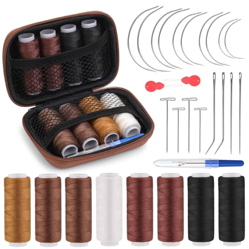 Fedmut Haarnadel und Faden Kit - 8 Rollen Haarverlängerungsfaden mit 18 Nadeln für Perückenherstellung, Handnähen und Lederreparatur von Fedmut