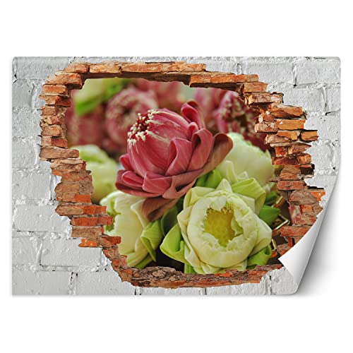 Feeby Fototapete 3D Loch in der Wand Natur Abstrakt 250x175 cm Grün Vlies Wandtapete Tapeten Wohnzimmer Schlafzimmer Büro Flur Moderne Design Wandbilder Wand Dekoration Lotusblume Orient Blumenstrauß von Feeby