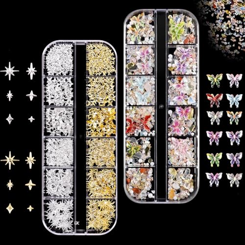 2 Boxen Nagelkunst Dekorations,12 Rastern Bunte Schmetterling Nagelkunst Charms,Gold Silber Stern Nail Charms,Metall und Kunstharz Nail Art Dekorationen für Frauen Mädchen Maniküre-Design DIY-Handwerk 2 Boxen Nagelkunst Dekorations,12 Rastern Bunte Schmetterling Nagelkunst Charms,Gold Silber Stern Nail Charms,Metall und Kunstharz Nail Art Dekorationen für Frauen Mädchen Maniküre-Design DIY-Handwerk von Feegela