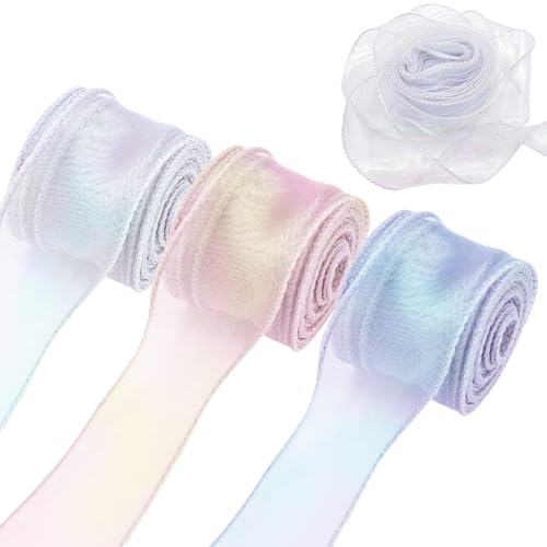 3 Rollen Chiffonband - Schillerndes Organzaband - Geschenkband - Schleifenband, Schimmernd und Transparent, Dekoband für Hochzeitsstrauß,Schleifen,Kränze,Hochzeit Dekoration von Feegela