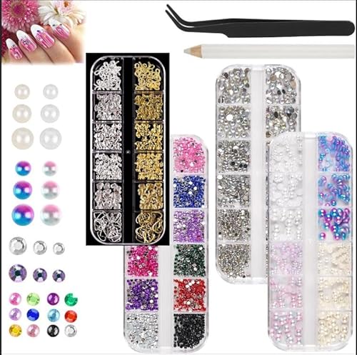 6800 Stück Strasssteine, Glitzersteine und Halbrunde Perlen Nägel Strasssteine, AB Kristall Strasssteine, mit Pinzette und Stift, Flatback Rhinestones für Nagel/DIY(Mehrere Größen und Farben) von Feegela
