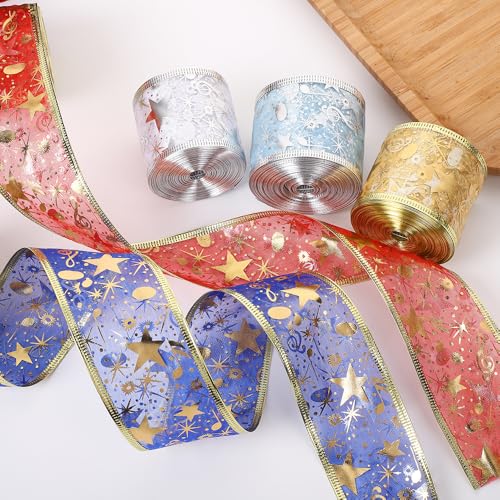 Feegela Geschenkband Set Weihnachten 3 Rollen - Rot Gold Silber Geschenkbänder mit Sternen & Noten Motiv - 3,8cm x 9m Schleifenband für Geschenkverpackung, Weihnachtsdeko und Baumdekoration von Feegela