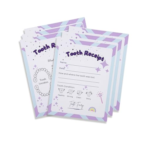 Zahnfee-Papierquittung für Kinder, 22 Stück, Zettel für verlorene Zähne, stabile Zahnfeenkarten, doppelseitiges Design mit Zahndiagramm zum Ausmalen (weiß mit violetten und blauen Streifen, 10,8 x 14 von Feel Good Waves