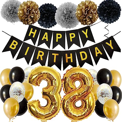 Feelairy Ballons 38. Geburtstag Deko Männer Frauen, Schwarz Gold Geburtstagsdeko 38 Jahre Mann Frau, Happy Birthday Deko Konfetti Luftballons Deko 38 Geburtstag Mann 38 Geburtstag Deko Frauen von Feelairy