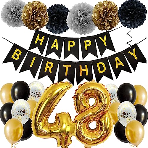 Feelairy Ballons 48. Geburtstag Deko Männer Frauen, Schwarz Gold Geburtstagsdeko 48 Jahre Mann Frau, Happy Birthday Deko Konfetti Luftballons Deko 48 Geburtstag Mann 48 Geburtstag Deko Frauen von Feelairy