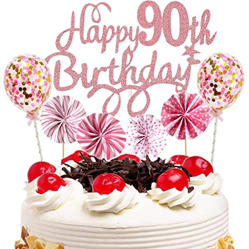 Feelairy Cake Topper Happy Birthday Frau, Glitter Tortendeko Happy 90th Birthday Rosegold, Kuchen Deko Konfetti Luftballons und Papierfächer, Geburtstagstorte Deko 90. Geburtstag Frau von Feelairy