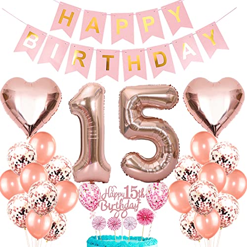 Feelairy Geburtstagsdeko 15 Jahre Mädchen, Luftballon 15. Geburtstag Deko, Cake Topper 15. Geburtstag Tortendeko und Happy Birthday Banner Girlande für Mädchen Kinder Geburtstag Party Deko von Feelairy