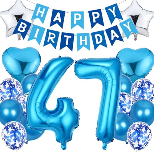 Feelairy Geburtstagsdeko 47 Jahre Mann, Luftballon 47. Geburtstag Deko Männer, Happy Birthday Deko Folienballon 47 Jahre Geburtstag Männer, Blau Ballon 47. Geburtstag Mann Party Dekoration Set von Feelairy