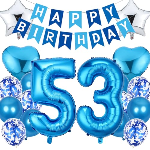 Feelairy Geburtstagsdeko 53 Jahre Mann, Luftballon 53. Geburtstag Deko Männer, Happy Birthday Deko Folienballon 53 Jahre Geburtstag Männer, Blau Ballon 53. Geburtstag Mann Party Dekoration Set von Feelairy