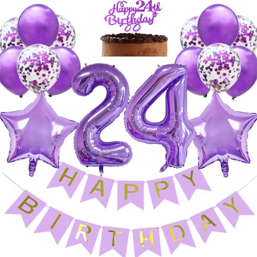Feelairy Lila Geburtstagsdeko 24 Jahre Frau: Ballon Set mit Banner, Zahlen, Sternen, Konfetti und Bändern von Feelairy