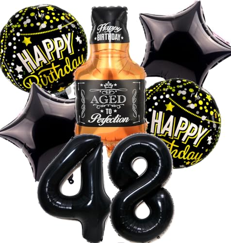 Feelairy Luftballon 48. Geburtstag Mann, 48 Geburtstag Deko Schwarz Ballons Whiskey Deko 48. Geburtstag Frauen, Geburtstagsdeko 48 Jahre Männer, Ballon Weinflasche Deko zum Geburtstag Frau 48 von Feelairy