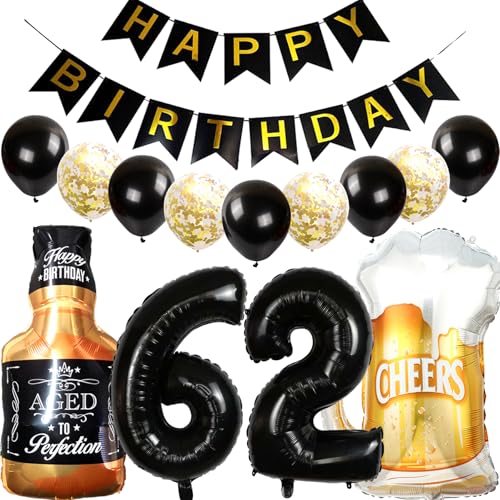 Feelairy Luftballons 62. Geburtstag Deko, Geburtstagsdeko 62 Jahre Mann Frau, Folienballon Whiskey Bierglas Ballon Weinflasche Bier Deko, Happy Birthday Banner für 62 Jahre Geburtstag Party Deko Set von Feelairy