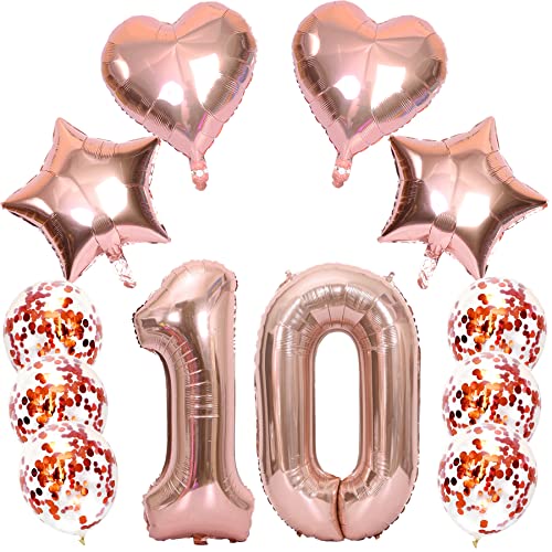 Feelairy Luftballons Zahl 10 Rosegold Folienballon Nummer 10, Helium Ballons Herz Sterne Roségold, Ballons Konfetti Rosegold, Zahlenballon 10 für Geburtstag Mädchen Party Deko von Feelairy