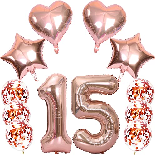 Feelairy Luftballons Zahl 15 Rosegold Folienballon Nummer 15, Helium Ballons Herz Sterne Roségold, Ballons Konfetti Rosegold, Zahlenballon 15 für Geburtstag Mädchen Party Deko von Feelairy