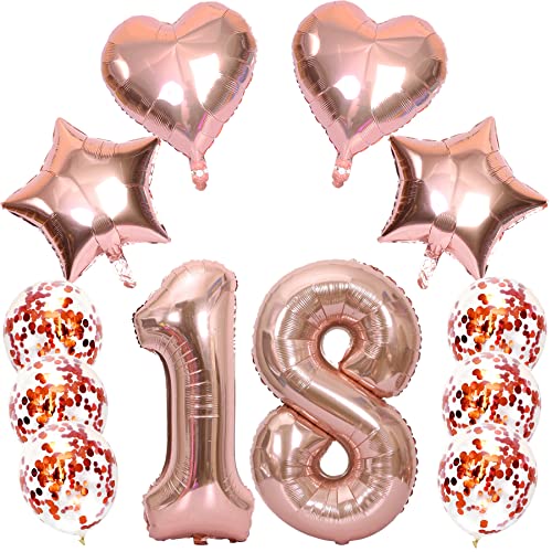 Feelairy Luftballons Zahl 18 Rosegold Folienballon Nummer 18, Helium Ballons Herz Sterne Roségold, Ballons Konfetti Rosegold, Zahlenballon 18 für Geburtstag Mädchen Party Deko von Feelairy