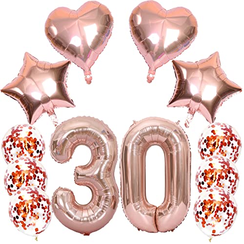 Feelairy Luftballons Zahl 30 Rosegold Folienballon Nummer 30, Helium Ballons Herz Sterne Roségold, Ballons Konfetti Rosegold, Zahlenballon 30 für Geburtstag Frauen Party Deko von Feelairy