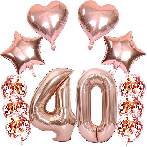 Feelairy Luftballons Zahl 40 Rosegold Folienballon Nummer 40, Helium Ballons Herz Sterne Roségold, Ballons Konfetti Rosegold, Zahlenballon 40 für Geburtstag Frauen Party Deko von Feelairy