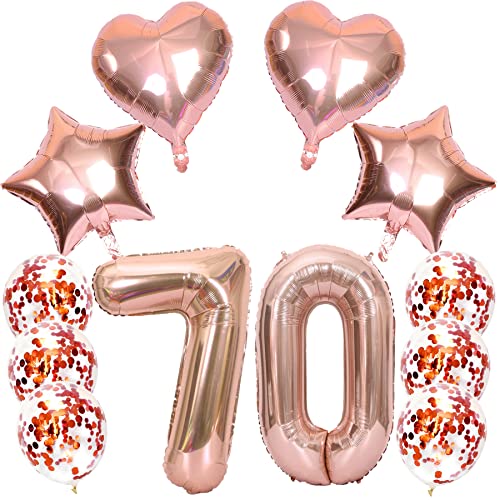 Feelairy Luftballons Zahl 70 Rosegold Folienballon Nummer 70, Helium Ballons Herz Sterne Roségold, Ballons Konfetti Rosegold, Zahlenballon 70 für Geburtstag Frauen Party Deko von Feelairy